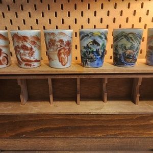 Vintage Antique Japanese Porcelain Pastoral Sake Cup Set of 6 in Wood Box